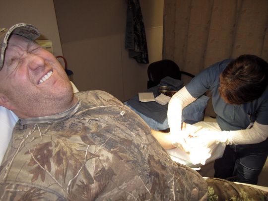 While crossing an old barbed-wire fence, Matt, who had never hunted out West, cut his hand open on a rusty T-post, requiring a bit of medical attention, including stiches, and a day off.